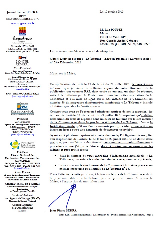 lettre au maire de Roquebrune sur Argens