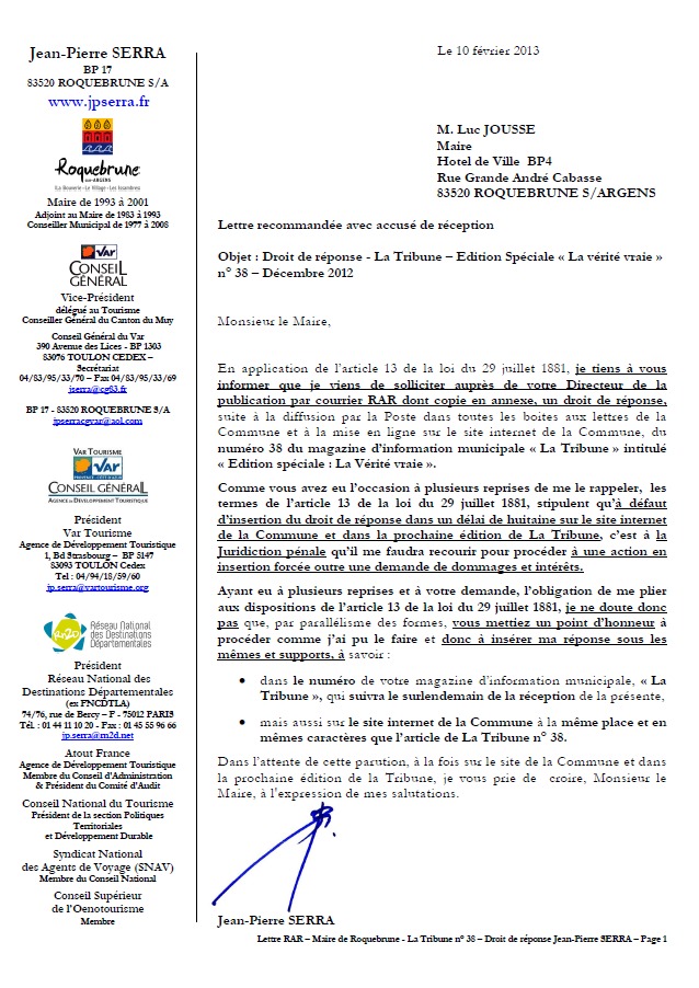 lettre au maire de Roquebrune sur Argens